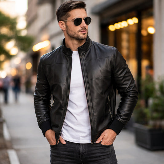 Frig Men’s Black Bomber Leather Jacket - Genuine Slim Fit Aviator