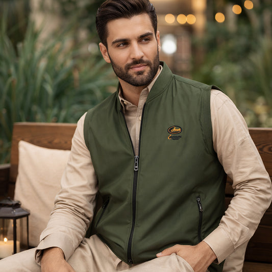Olive Green Sleeveless Bomber-Style Vest – Men's Performance Layer