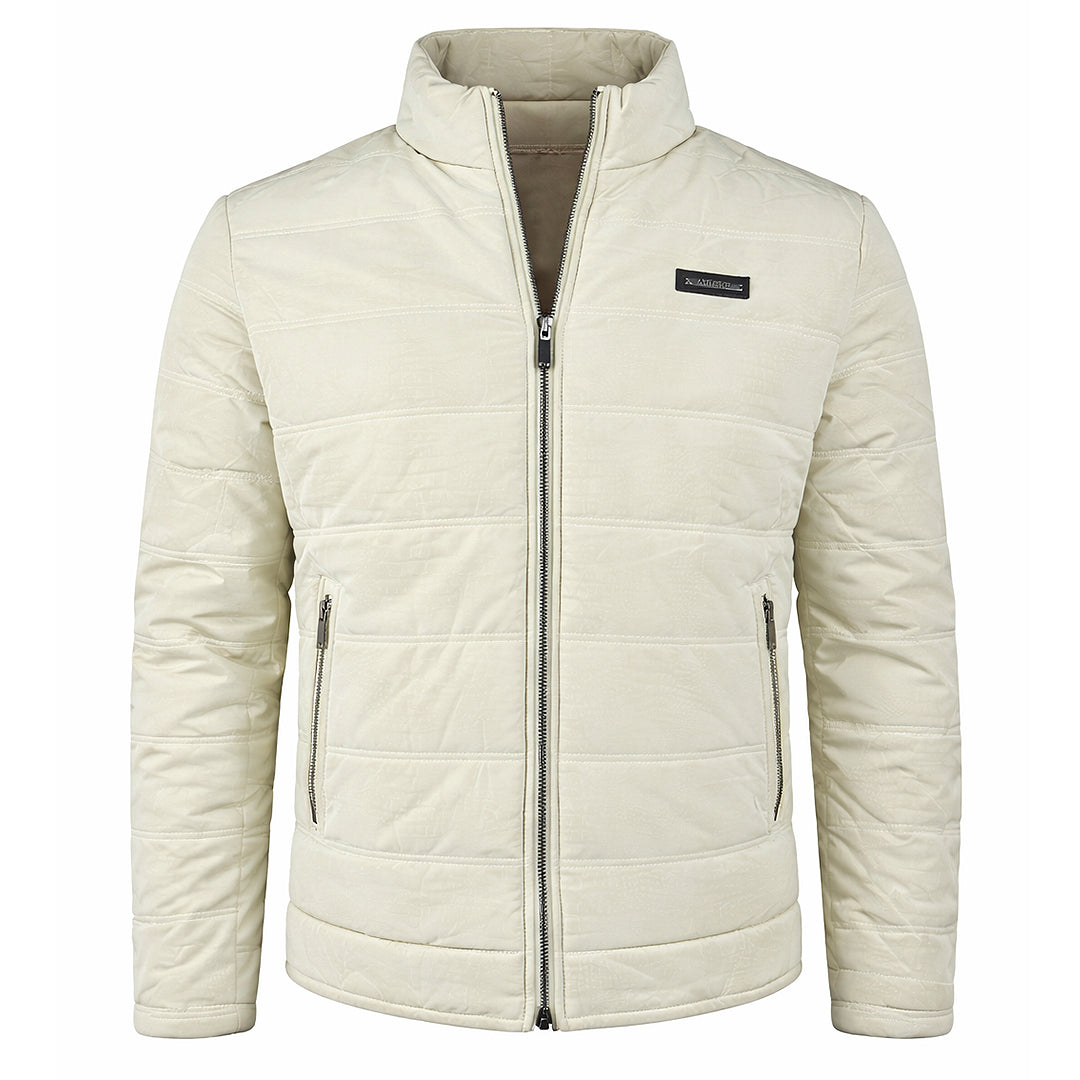 Mock Collar Lightweight Puffer Jacket Cream White Color - Men's Slim Fit Insulated Coat