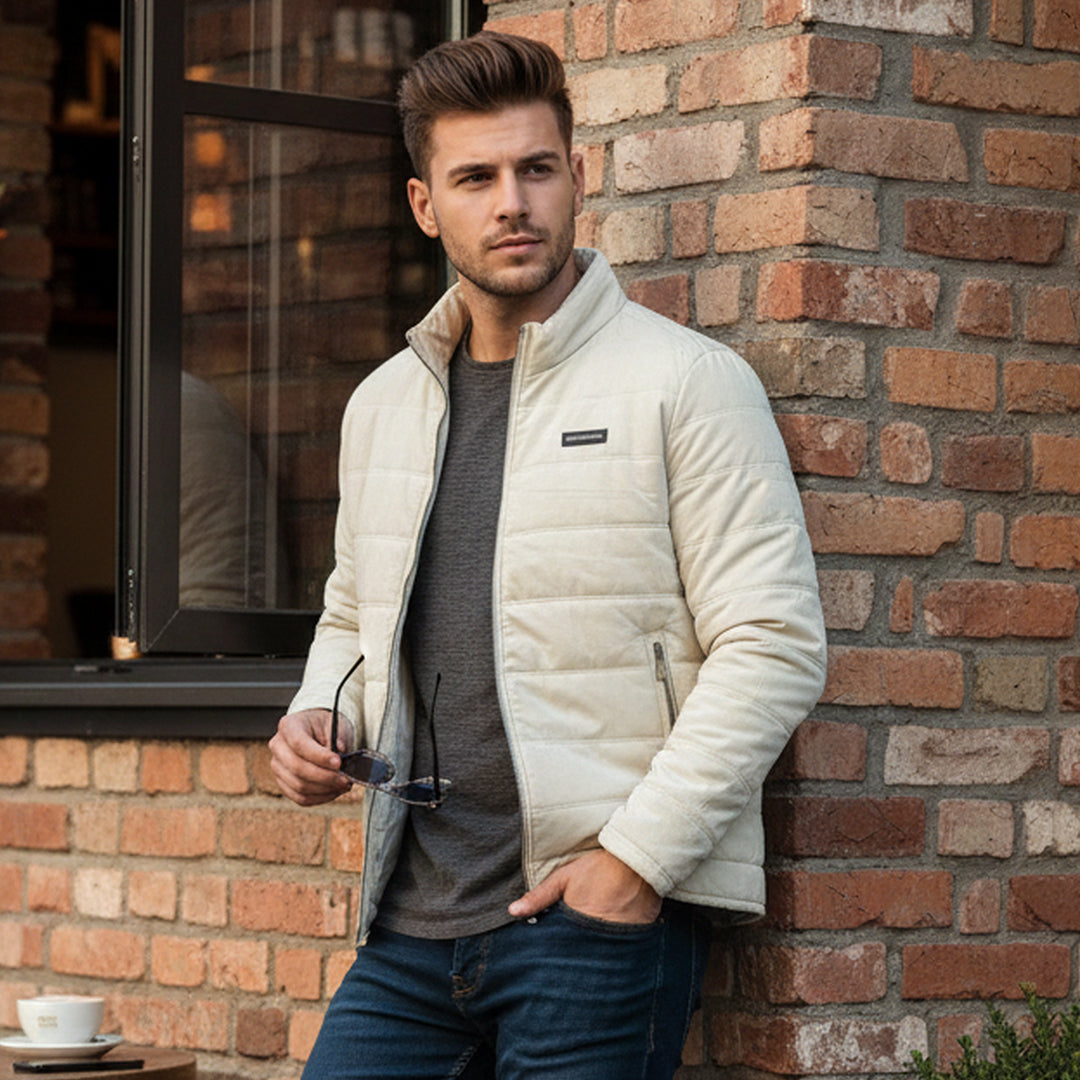 Mock Collar Lightweight Puffer Jacket Cream White Color - Men's Slim Fit Insulated Coat