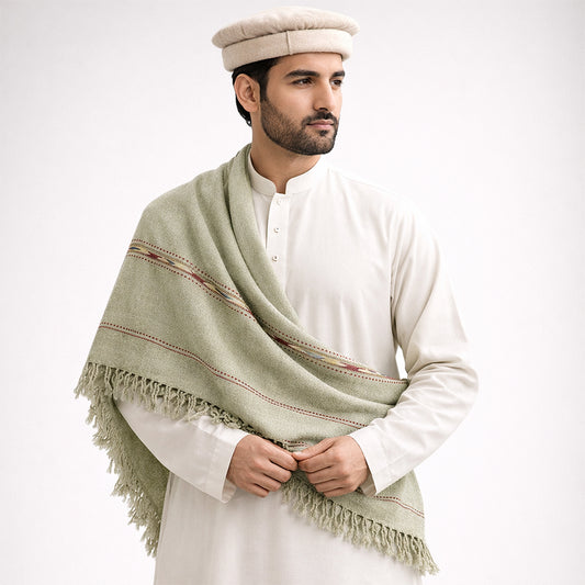 Grey Plain Wool Blend Men Shawl – Sage Green Accent