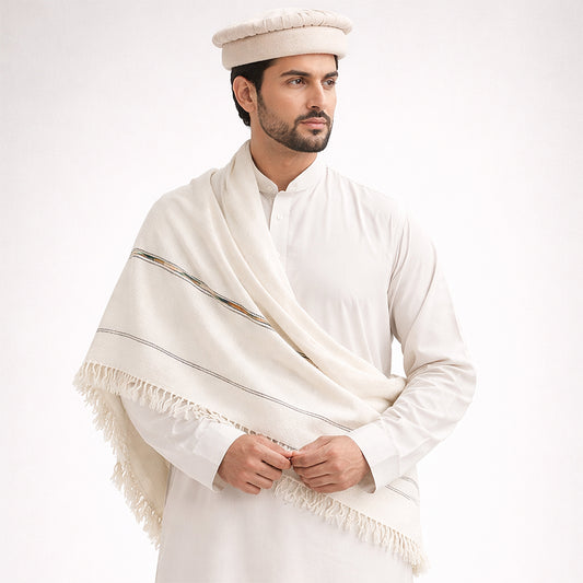 Dussa Shawl in Cream - Premium Embroidered Wool Wrap for Men