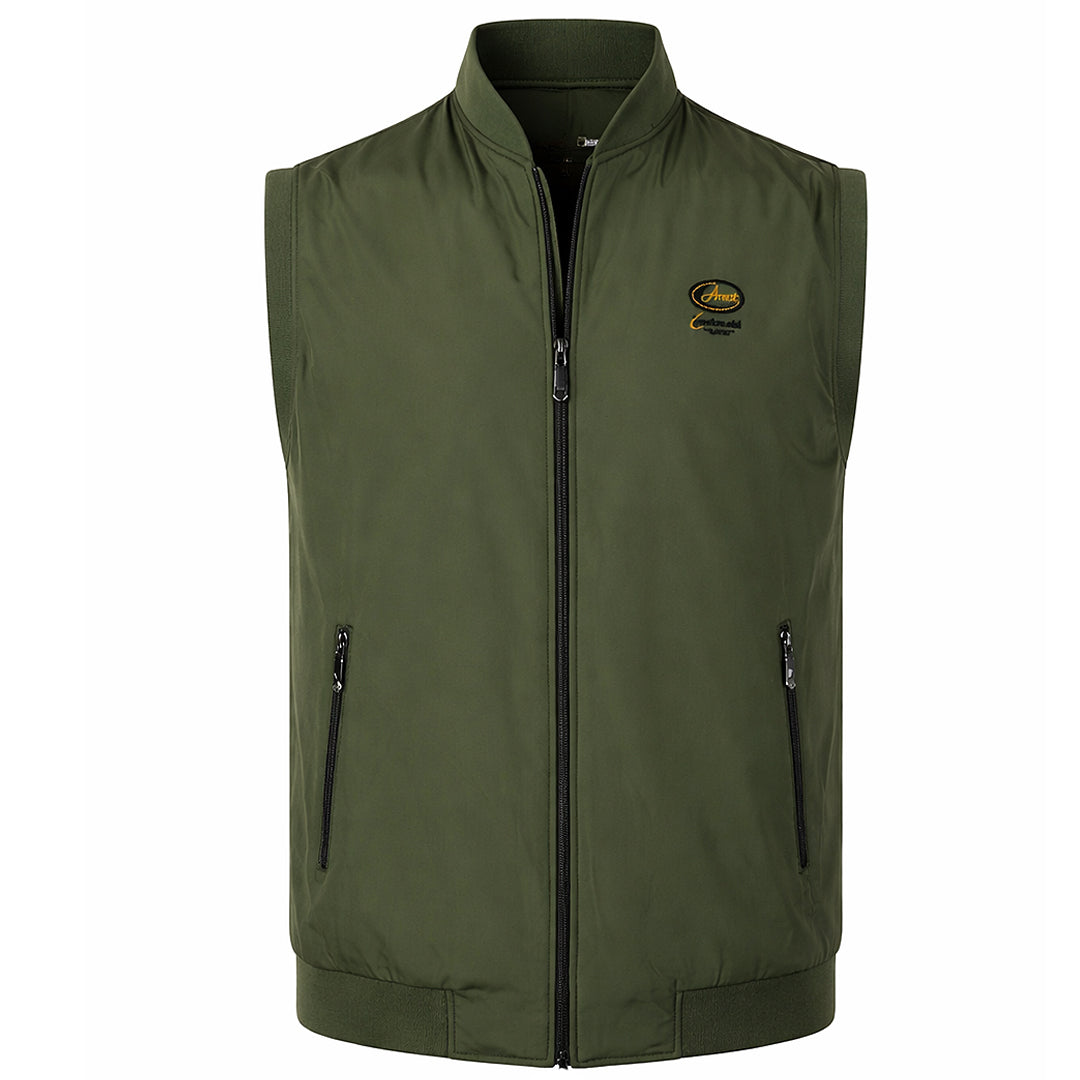 Olive Green Sleeveless Bomber-Style Vest – Men's Performance Layer